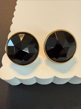 Vintage stunning Classic Black Faceted glass large Stud Earrings with Gold Trim